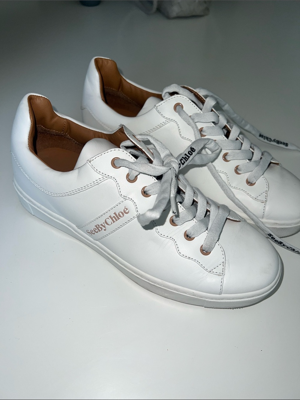 See By Chloé White Leather Sneakers with Tan Interior